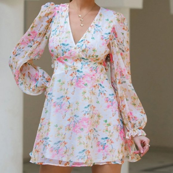 Floral Chiffon Dress - Lantern Sleeve - Size M - Picture 3 of 5